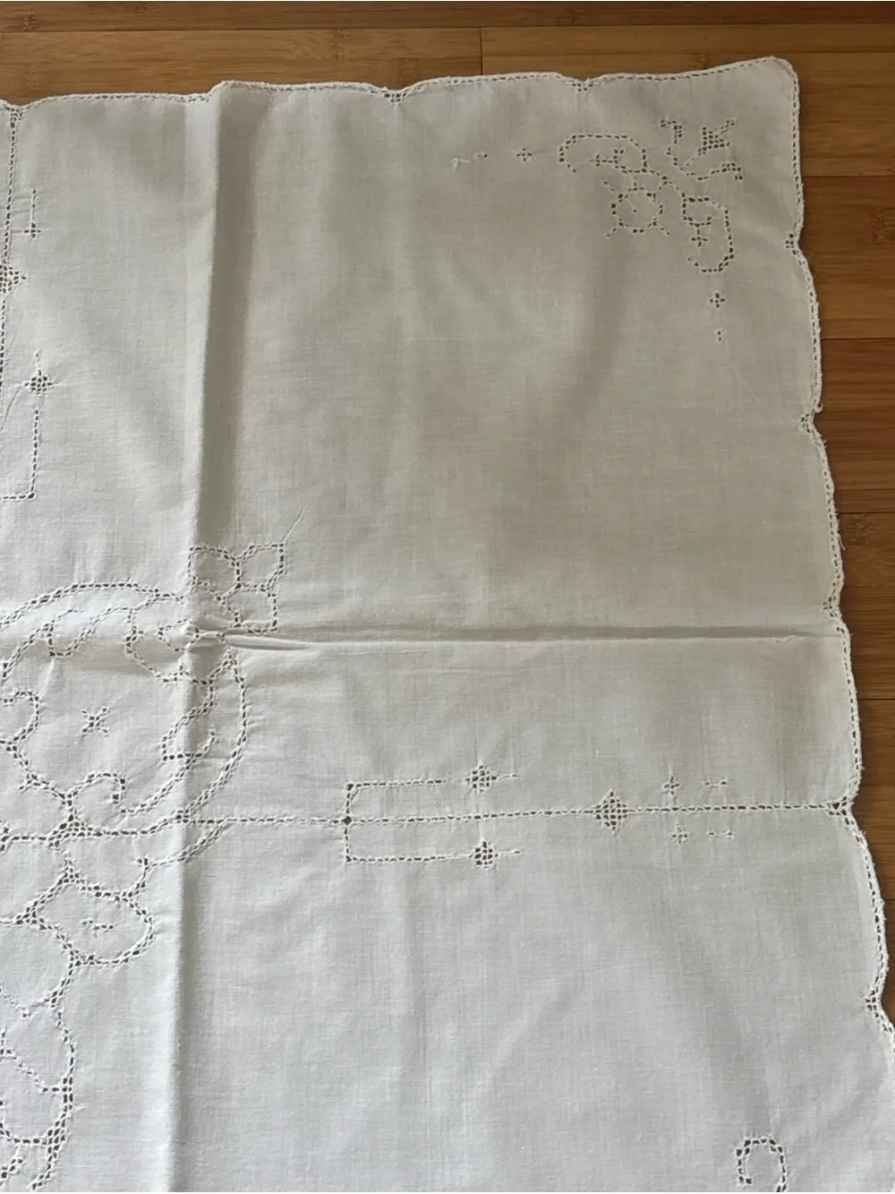 Vintage Richelieu Embroidered Cut Work White Linen Blend Tablecloth Floral Motif